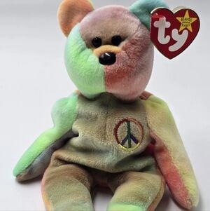 1996 Ty Beanie Baby Peace Bear  5th Gen Hang Tag P. E. Pellets Tie-Dye Tri Color